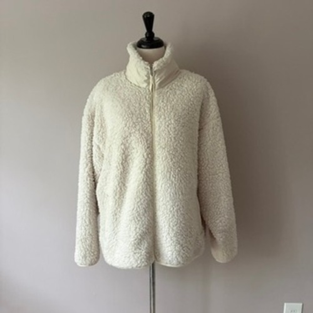 Athleta Cloud Fleece Jacket Womens L Tall Cream Full Zip Mock Neck Pockets